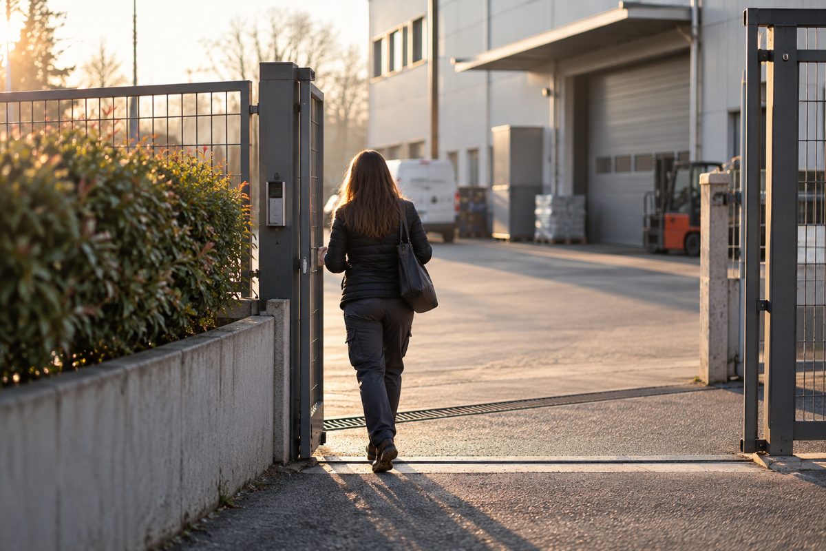 Donna di spalle entra al mattino dal cancello di una piccola azienda
