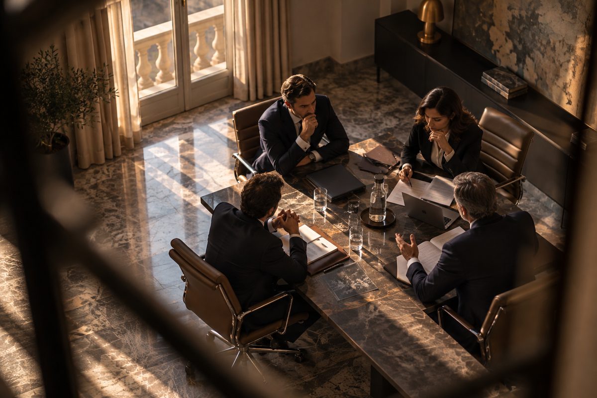 Sala riunioni vuota vista dal basso, con una ciabatta elettrica sotto il tavolo